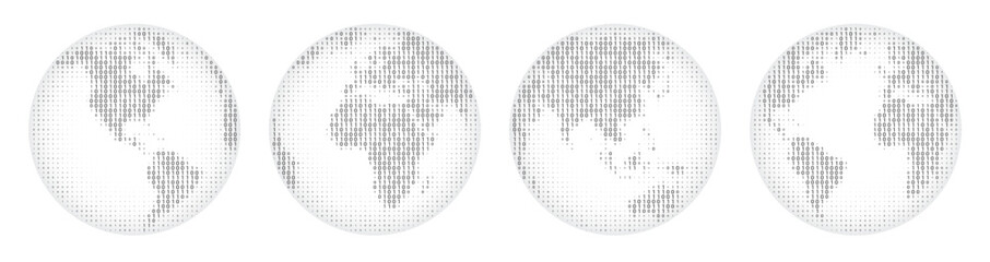 Vector illustration of a planet earth globe textured with binary code, Digital world, global data technology network. Spherical map design. Communication tech, cyber intelligence,