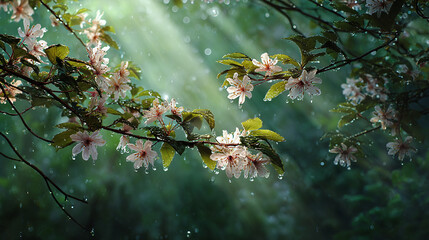 Cherry blossoms blooming in a serene garden, with sunlight filtering through the branches and foliage. The image evokes a sense of peace and tranquility