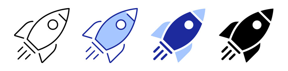 Collection of four Rocket Launch icons in four differente style. Business startup symbol. Full Vector illustration