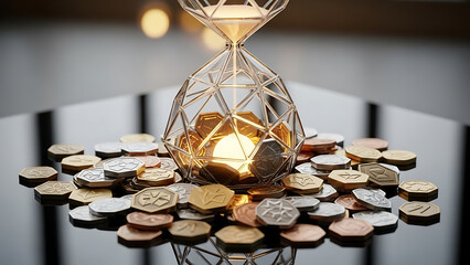 Hourglass filled with coins on a reflective surface symbolizing time and money