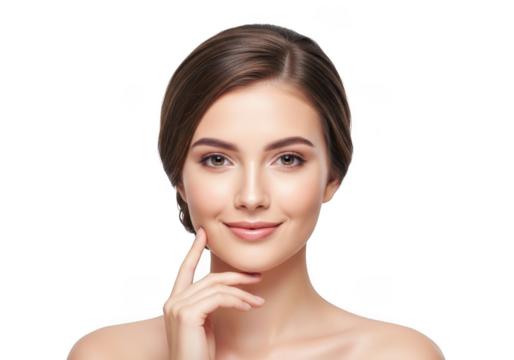 Beautiful young woman with smooth skin and gentle smile posing with her finger on her chin isolated on transparent background - Powered by Adobe