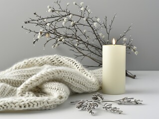 A lit white candle beside a knitted blanket and dried floral branches on a neutral background