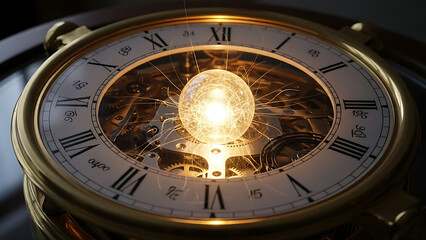 Illuminated clock face with roman numerals and intricate internal gears