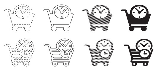 Set of shopping cart icons with clock symbol, representing time-sensitive purchases or delivery.