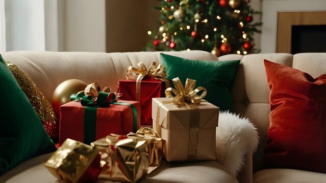 Detail of Christmas decorations and gifts on a beige sofa. Warm red, green, and gold palette creates a festive yet minimalist look.