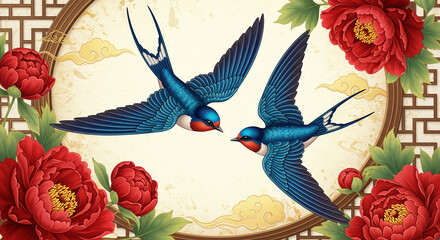 Elegant illustration of two swallows with peonies