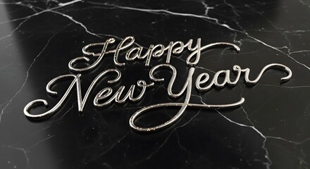 Happy new year silver script on elegant black marble background