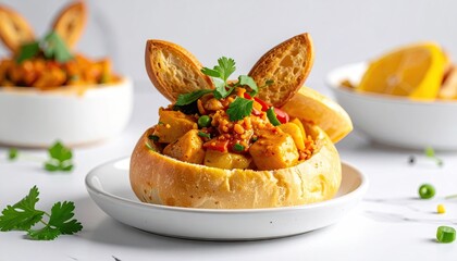 Hearty Bread Bowl Filled With Savory Stew Topped With Crispy Croutons And Fresh Cilantro A Delicious Meal Presentation