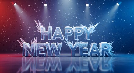 Happy new year text in icy style with festive lighting and falling snow