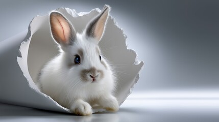 Christmas sale hole, Christmas kids hole. Cute white rabbit peeking out from a torn paper hole, showcasing playful expression and soft fur, perfect for holiday-themed designs and festive concepts