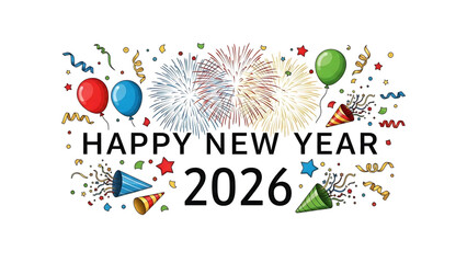 Festive Happy New Year 2026 Celebration Design with Balloons and Fireworks