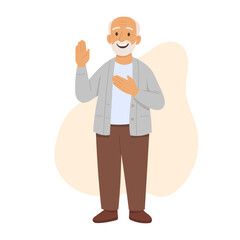 Senior man cartoon character promising with oath gesture confirming oath with silent pledge isolated full-length portrait. Trustworthiness and profound sincerity of elderly people 