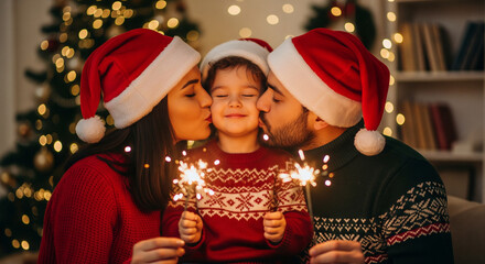 Family christmas celebration with sparklers