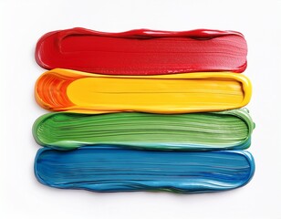 thick vibrant green red yellow and blue horizontal paint strokes on in a column isolated on white background