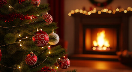 Christmas tree decorations with fireplace in the background