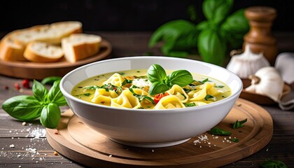 Hearty Tortellini Soup with Fresh Basil and Garlic on a Rustic Wooden Table with Sliced Bread