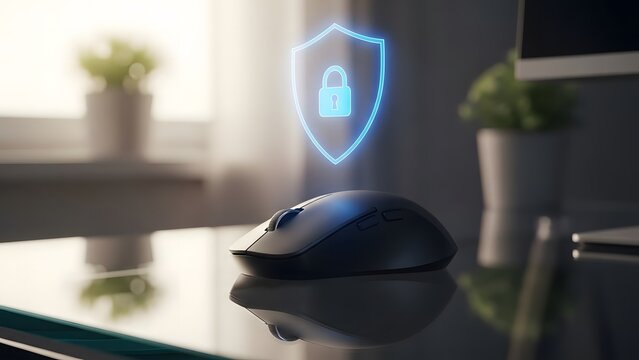 Computer mouse with security shield hologram on desk