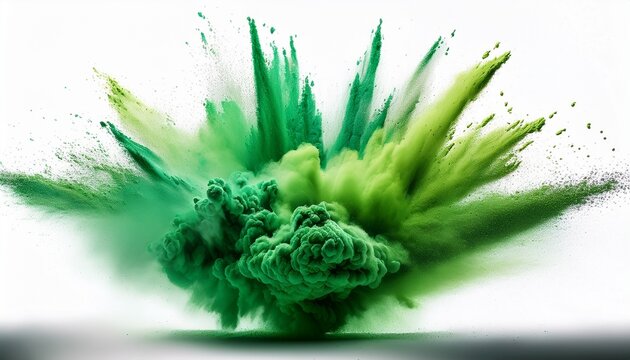 vibrant explosion of hues of green powder against an isolated white background creating a dynamic and colorful burst