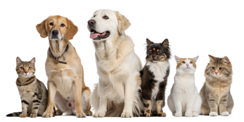 A group of seven pets, including dogs and cats, sit together in a row and look at the camera against a white background.
