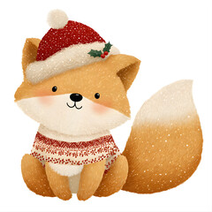 Fluffy Fox in Santa Hat and Christmas Sweater Sitting Down