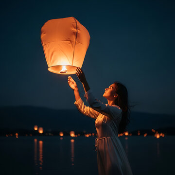 A woman releases a glowing lantern into the night sky near a body of water with distant lights visible