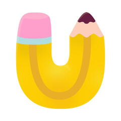 Yellow Pencil Shaped Like Letter U With Eraser and Sharpened Tip.