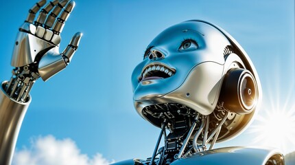 shining metallic humanoid robot raising arm with halo effect for futuristic technology and science visuals