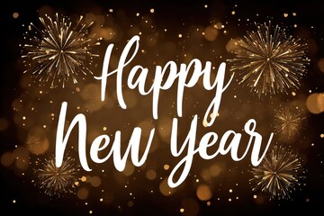 Happy new year greeting with golden fireworks and sparkling bokeh lights