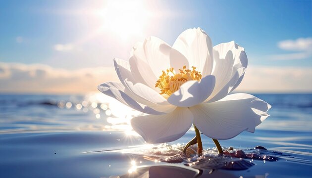 A close-up of a white lotus flower floating on water, with bright sunlight and a clear blue sky in the background.