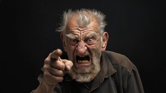 Annoyed outraged senior man pointing at camera. Crazy mad old pensioner feeling unhappy and showing disagreement. Generative AI