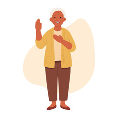 Positive elderly woman cartoon character promising with oath gesturing trustworthy hand sign isolated full-length portrait. Old people dignified honesty and reliable commitment 