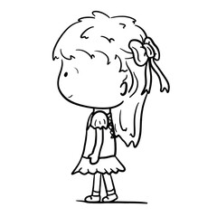 Little ballet girl standing straight side view cartoon outline illustration 