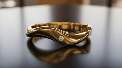 Elegant gold ring with diamond accent on reflective surface