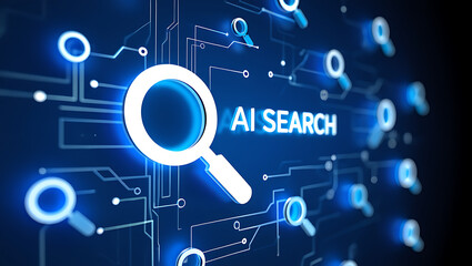 Futuristic ai search concept with glowing magnifying glass and digital circuit board on dark blue background representing technology and innovation