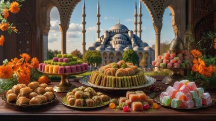 Colorful Turkish Delight and Baklava displayed outdoors