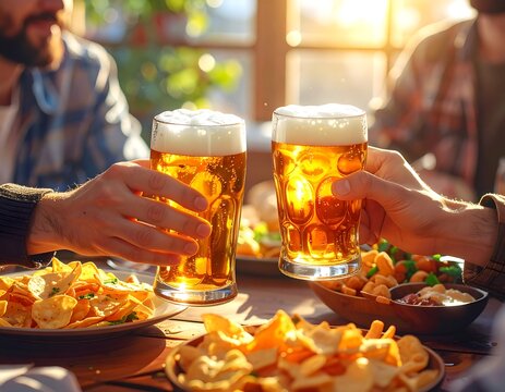 Sunny shot of two hands toasting large beers, surrounded by appetizers and friends in a warm outdoor setting