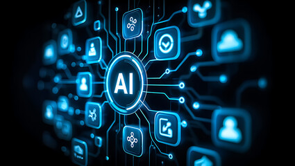 Abstract digital network of glowing blue ai icons and circuits representing artificial intelligence and futuristic technology connections