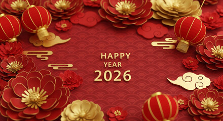Festive chinese new year illustration with red lanterns and floral decorations