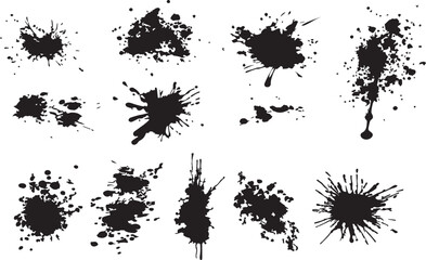 Black Ink Splatter and Paint Drip Grunge Elements Set, Vector Set of Abstract Ink Blobs, Paint Splashes, and Grunge Stains