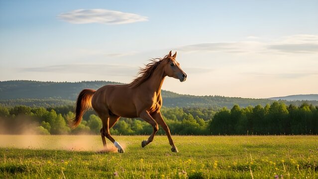 A chestnut horse galloping through a green field under a bright blue sky outdoors