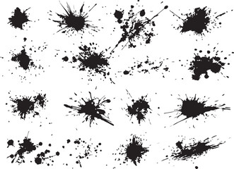 Black Ink Splatter and Paint Drip Grunge Elements Set, Vector Set of Abstract Ink Blobs, Paint Splashes, and Grunge Stains