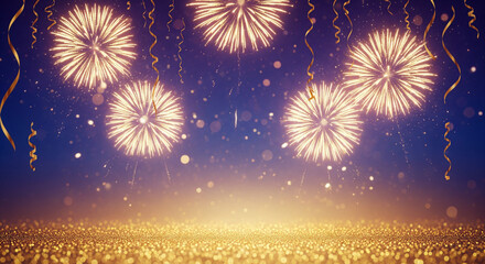 Festive fireworks display with ribbons