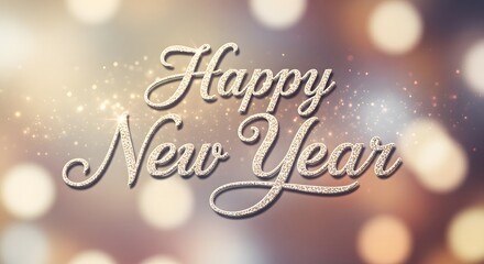 Happy new year text with sparkling glitter and festive bokeh background