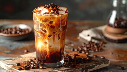 Iced Coffee Drink with Cream and Ice Cubes with Coffee Beans Scattered on Wooden Board and Dark Background
