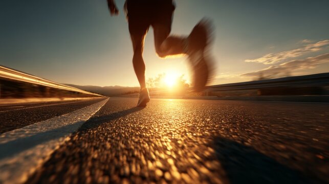 Runner on asphalt road at sunrise captured from low angle with strong motion blur and warm light - Powered by Adobe