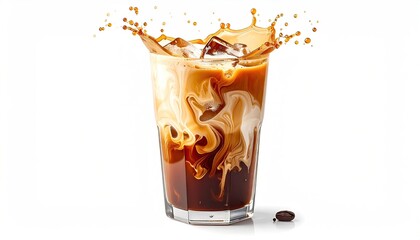 Iced coffee with cream splashing into a tall glass on a white background with a single coffee bean in the foreground studio shot with dramatic lighting