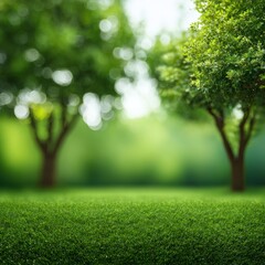 Naklejka premium Green grass field with blurred trees in soft sunlight creating calm natural outdoor background