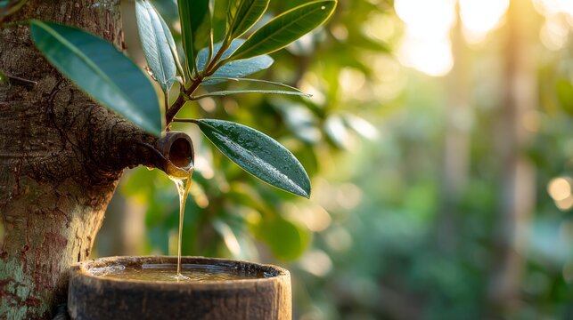 Fresh natural rubber latex dripping into cup in lush green plantation during sunrise