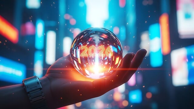 Future prediction 2026 crystal ball hand holding glowing orb - Powered by Adobe