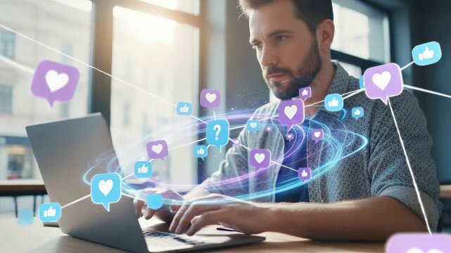 Young professional man working on a laptop computer with a futuristic overlay of social media icons, likes, and comments, representing digital communication and online engagement concepts